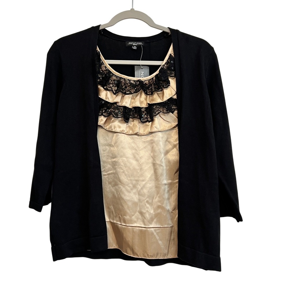 Petite Cardigan Top Petite‎ XL Black Gold Lace Ruffle Trim 3/4 Sleeve One Piece